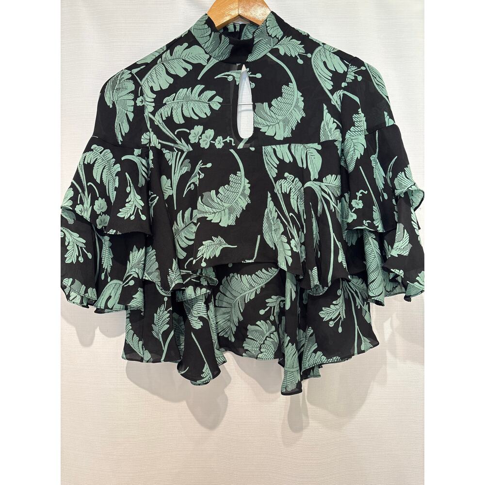 CINQ À SEPT Ileana Palm Print Silk Mock Neck Layered Ruffle Blouse  Sz XS